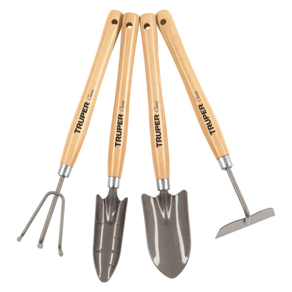 JUEGO DE 4 HERRAMIENTAS PARA JARDIN MANGO MADERA LARGO 38 CM